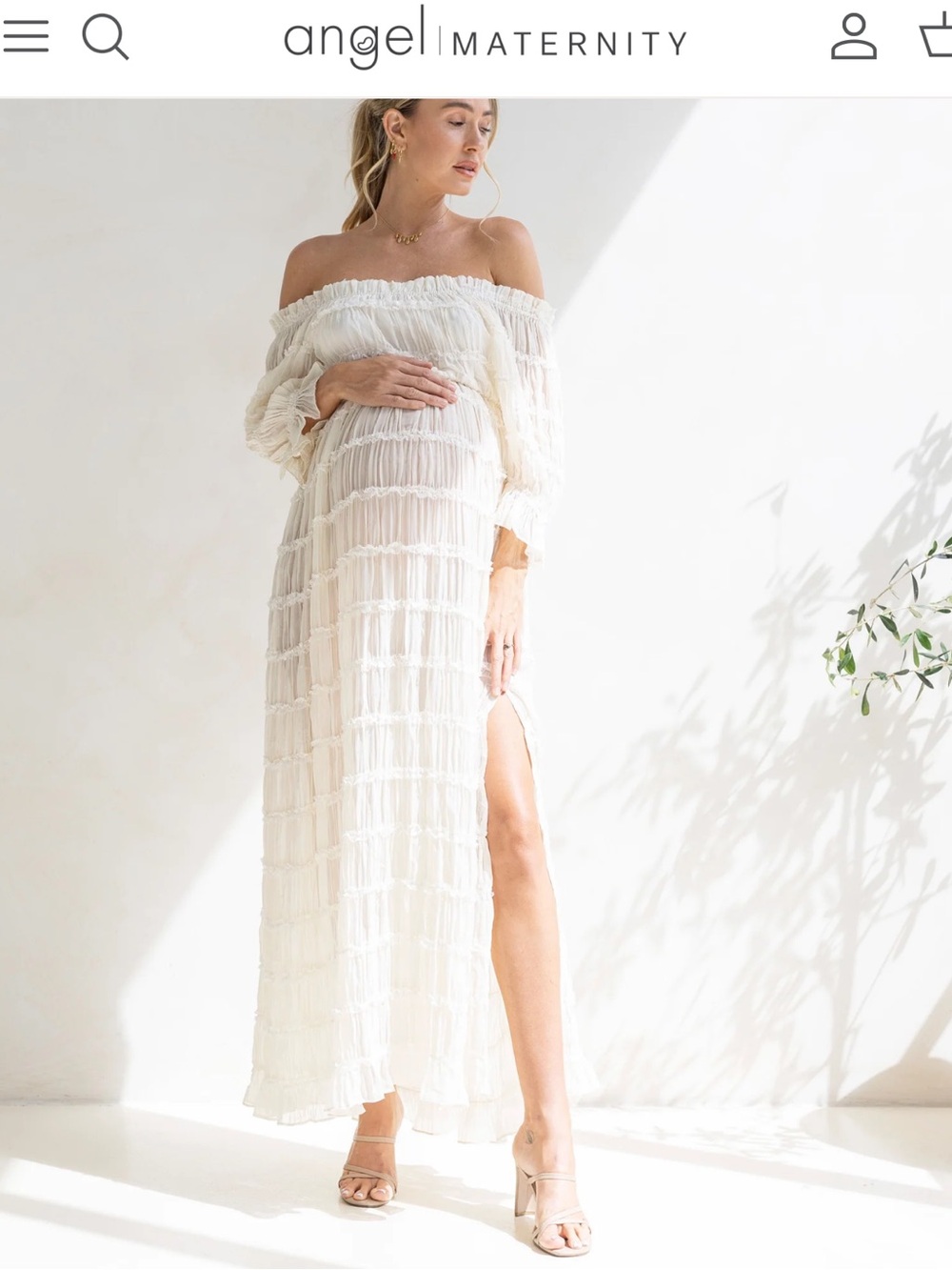Off-Shoulder Cream Maxi Dress with Side Slit